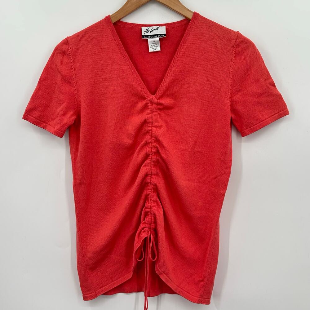 The Look Randolph Duke Ruched Drawstring Short Sleeve Sweater Coral Womens XS